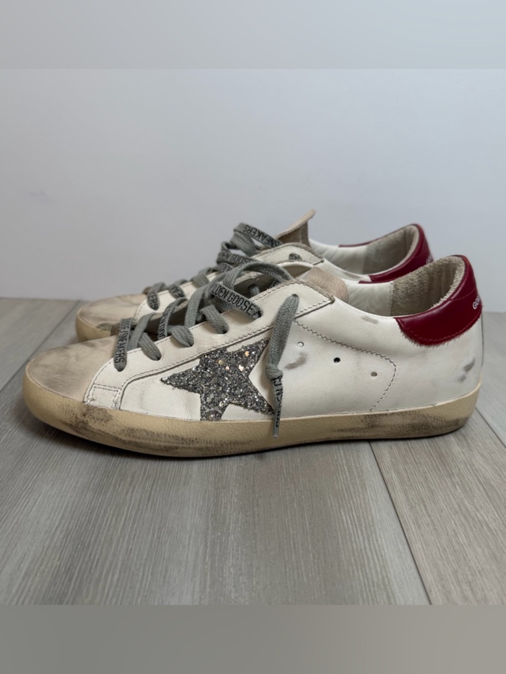 Golden Goose Superstar Sneakers Size 39 Glitter Star Red Heel Distressed White